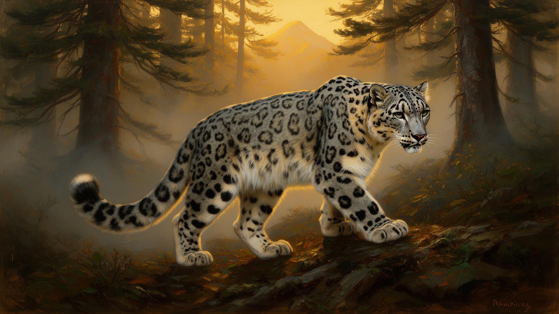 Snow leopard prowling at dawn — oil painting by Nitish Tandon